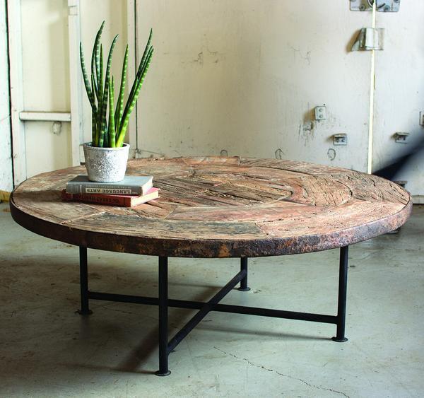 Kalalou Antique Wooden Wagon Wheel Coffee Table With Iron Base | Modishstore | Coffee Tables