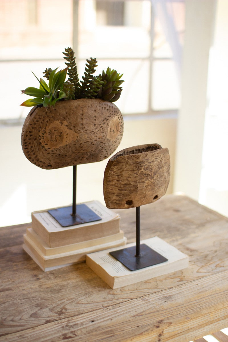 Repurposed Wooden Cow Bell Planters On Iron Stands by Kalalou | Modishstore | Stands