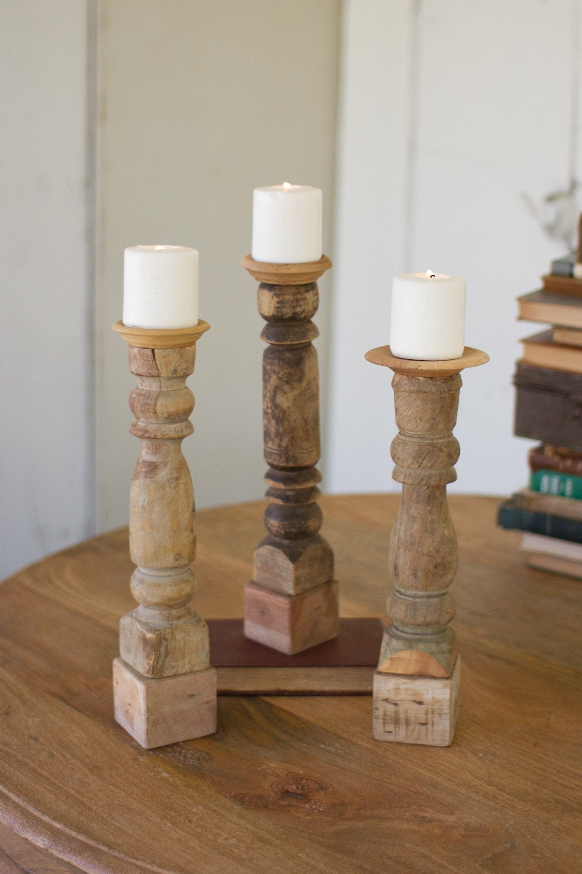 Kalalou Assorted Wooden Candle Stands - Antique Turned Banisters - Set Of 3-2