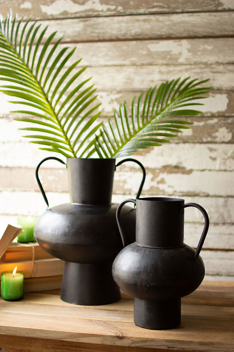 Waxed Black Metal Urns With Handles Set Of 2 By Kalalou | Modishstore | Planters, Troughs & Cachepots