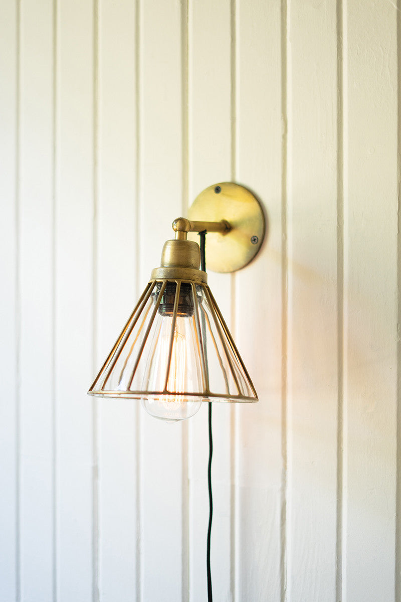 Antique Brass Wall Lamp With Caged Glass Shade By Kalalou | Modishstore | Wall Lamps