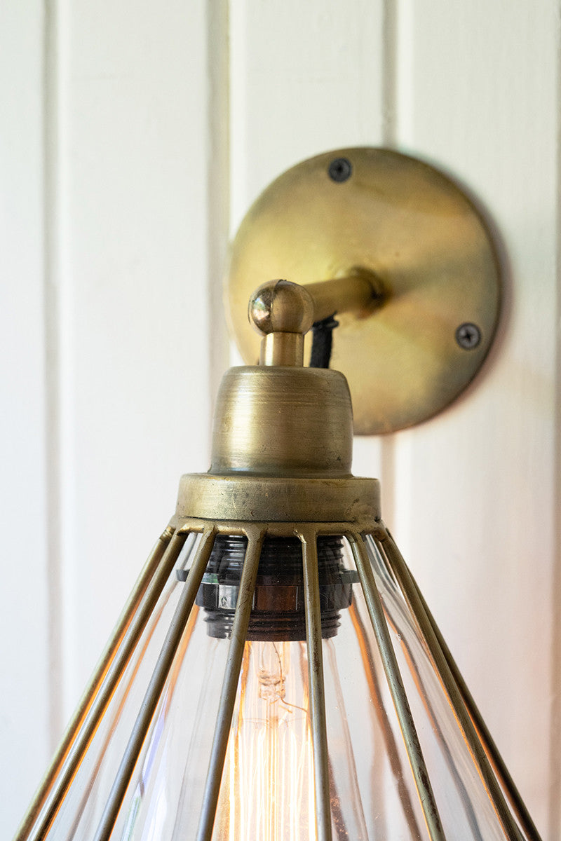Antique Brass Wall Lamp With Caged Glass Shade By Kalalou-2