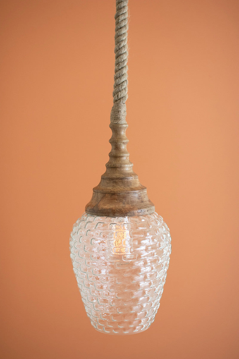 Clear Glass And Mango Wood Pendant Light With Rope By Kalalou-4