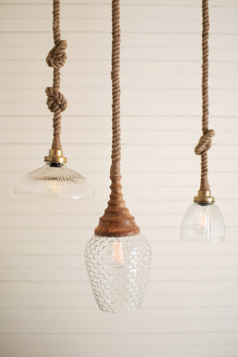 Clear Glass And Mango Wood Pendant Light With Rope By Kalalou | Modishstore | Pendant Lamps