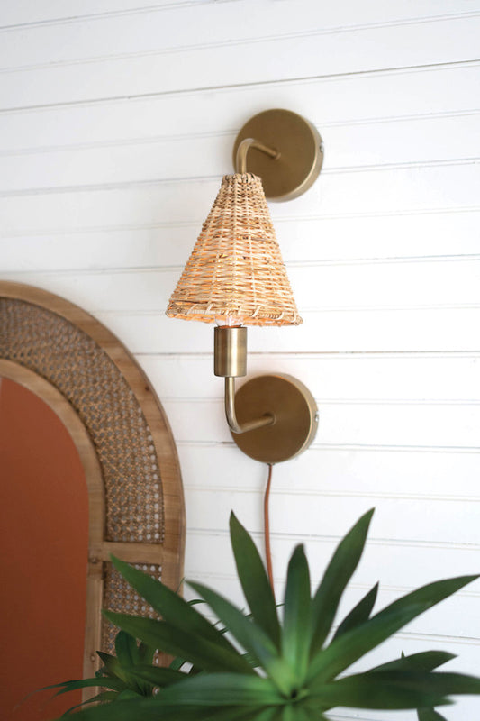 Double Antique Brass Wall Lamp With Woven Wicker Shade By Kalalou | Wall Lamps | Modishstore