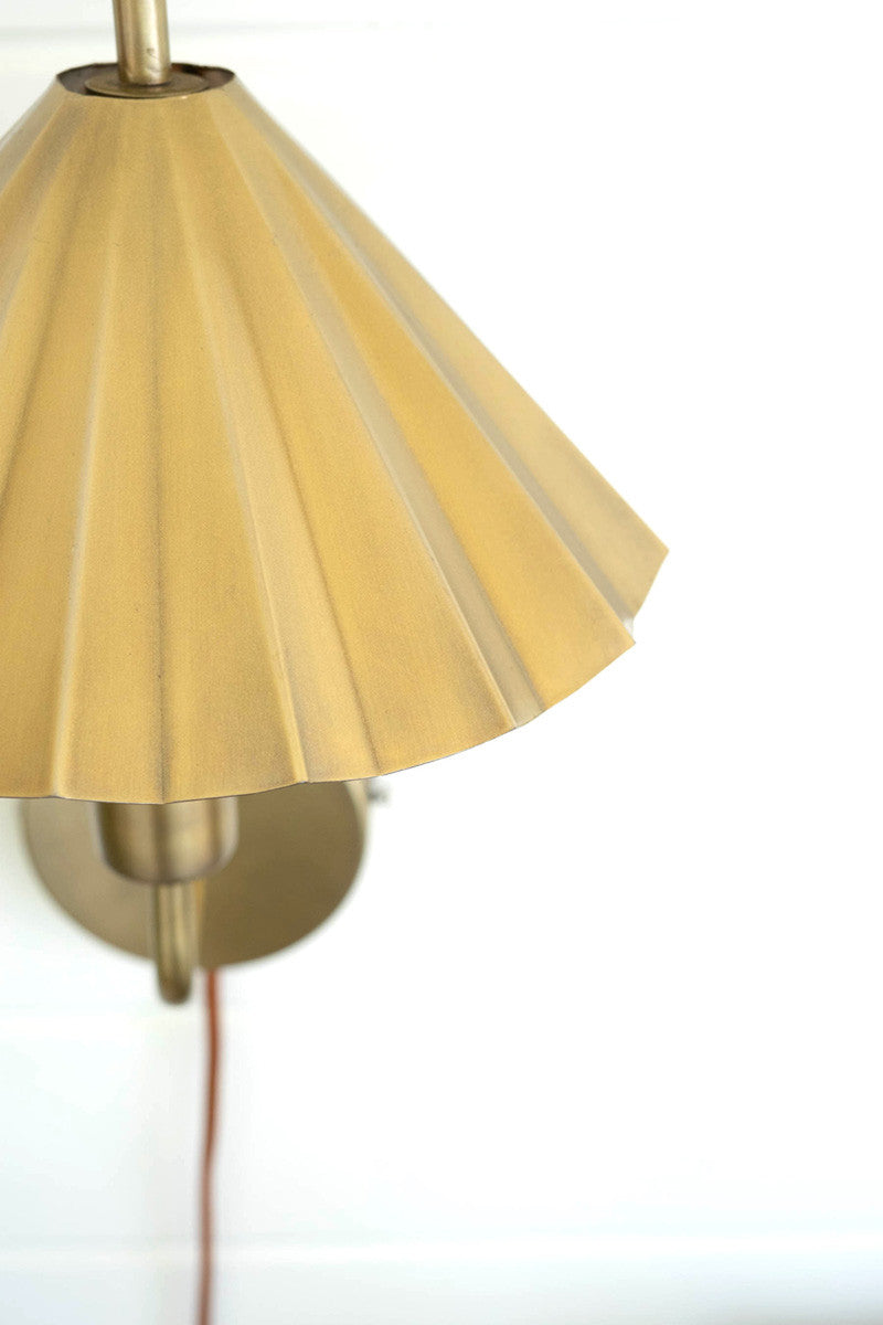 Double Antique Brass Wall Lamp With Pleated Metal Shade By Kalalou | Wall Lamps | Modishstore - 2