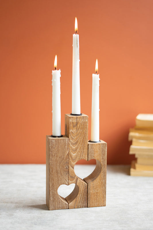 Triple Reclaimed Heart Wood Taper Candle Holder By Kalalou | Candle Holders | Modishstore
