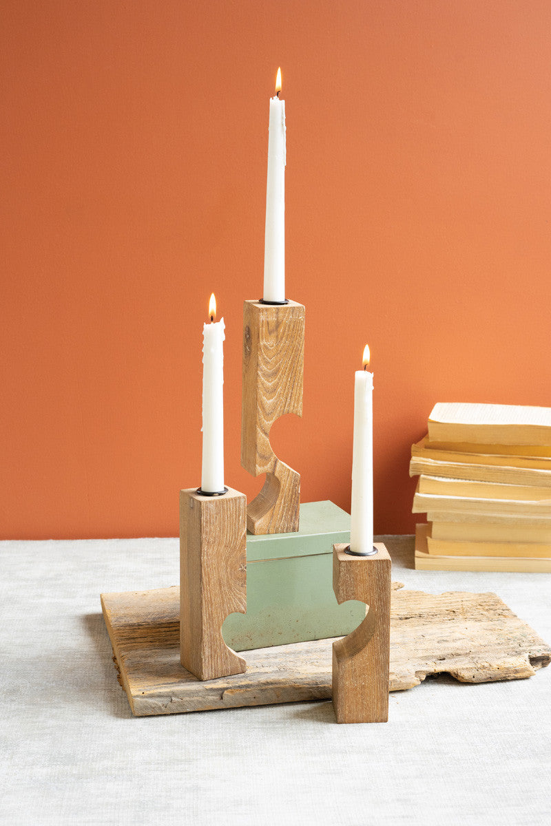 Triple Reclaimed Heart Wood Taper Candle Holder By Kalalou | Candle Holders | Modishstore - 2