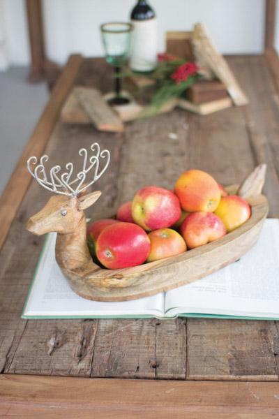 Kalalou Hand Carved Mango Wood Reindeer Bowl With Metal Antlers | Modishstore | Decorative Bowls
