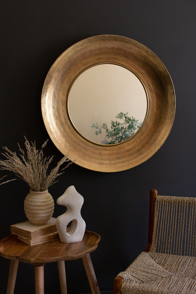Round Hand Hammered Antique Brass Frame With Mirror By Kalalou | Mirrors | Modishstore - 4
