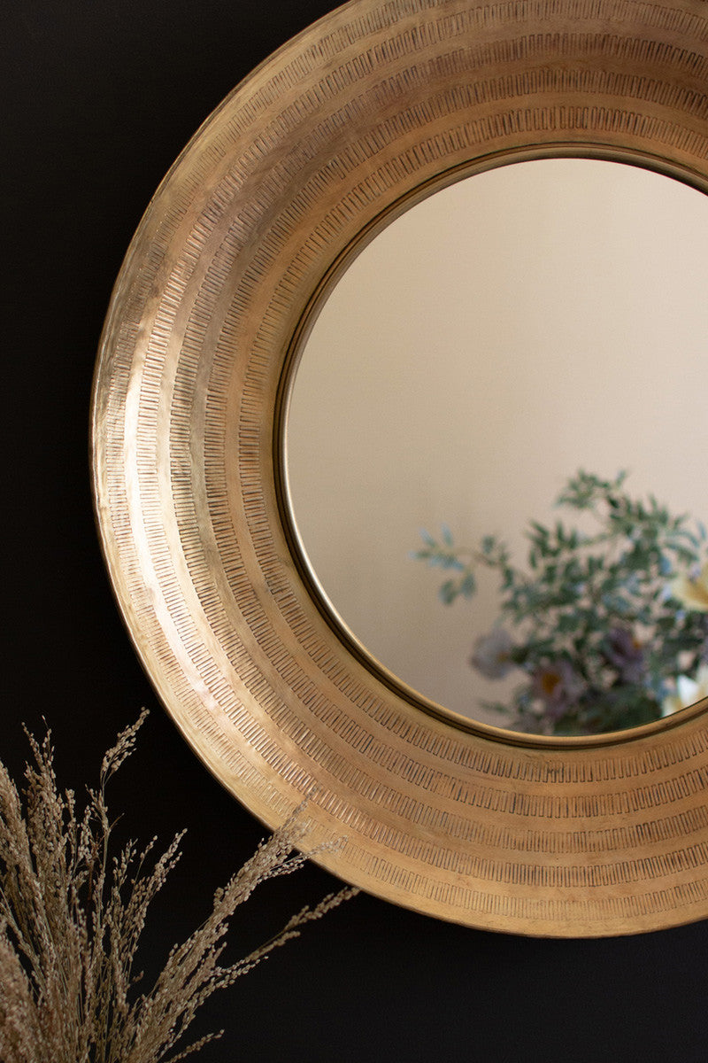 Round Hand Hammered Antique Brass Frame With Mirror By Kalalou | Mirrors | Modishstore - 2