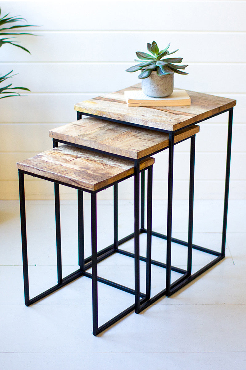 Nesting square mango wood and metal tables Set of 3 By Kalalou | Modishstore | Nesting Tables