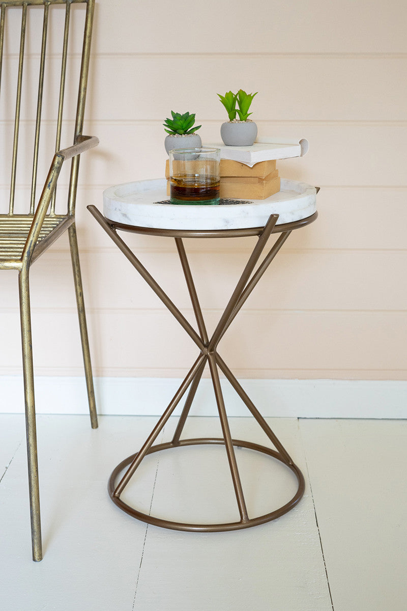 Iron Hour Glass Side Table with Marble Top By Kalalou | Modishstore | Side Tables