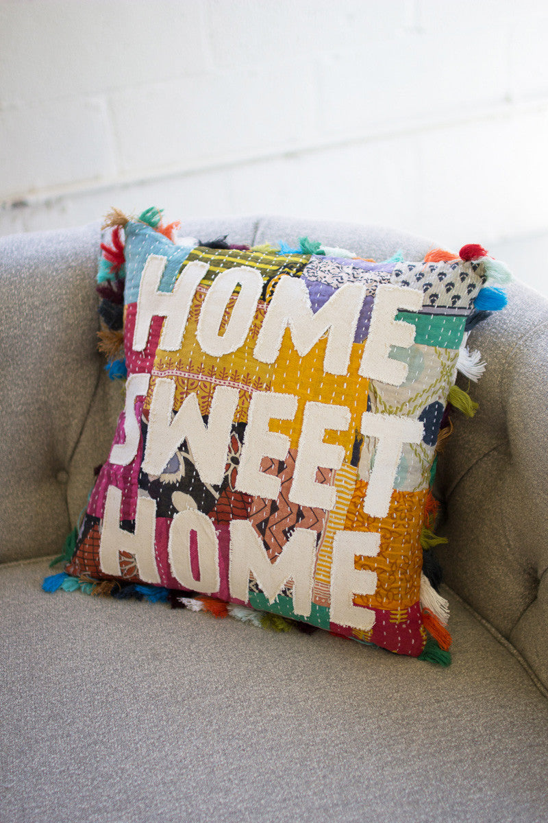 Home Sweet Home Kantha Pillow With Tassels Set Of 2 By Kalalou | Modishstore | Pillows