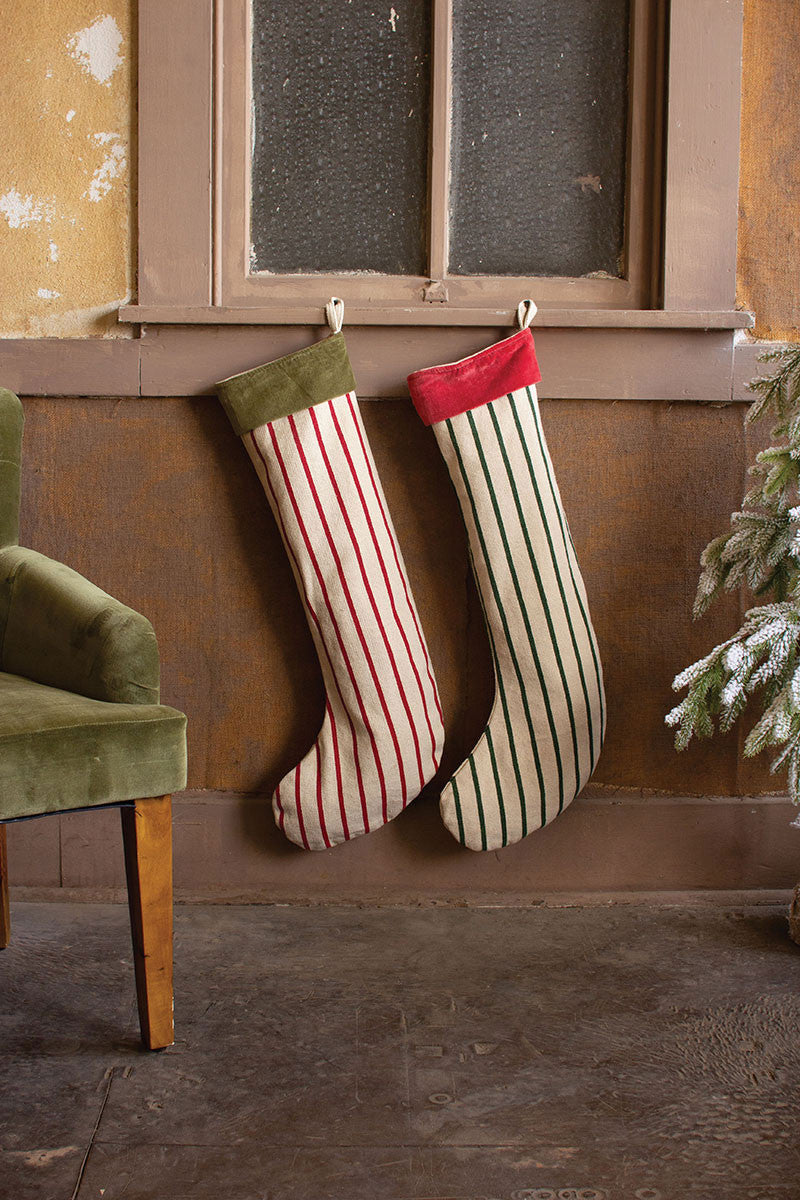 Giant Striped Christmas Stockings With Velvet Collar S/2 By Kalalou | Modishstore | Holiday