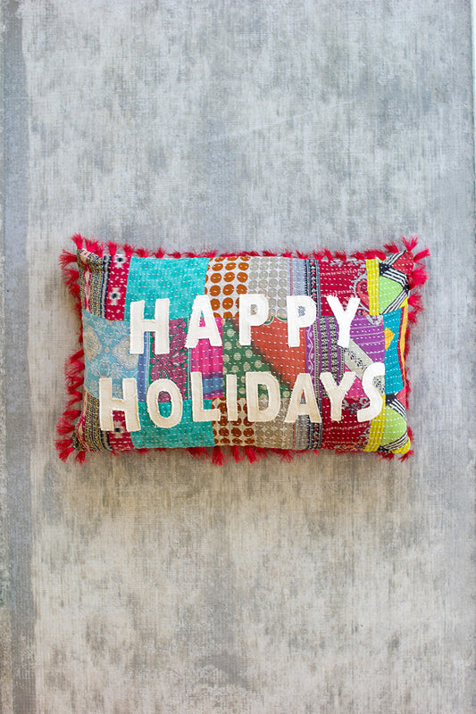 Happy holiday kantha pillow  By Kalalou | Modishstore | Pillows
