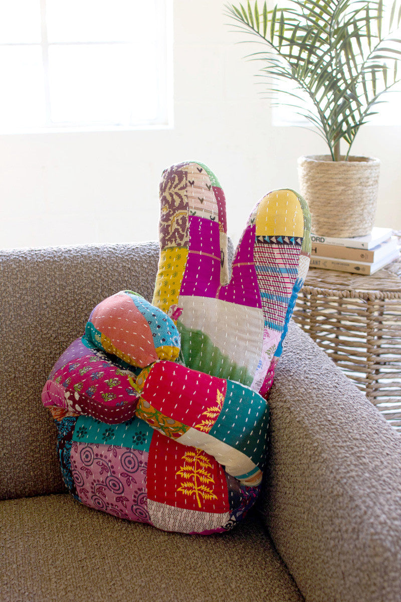 Kantha Hand Peace Sign Pillow By Kalalou | Pillows | Modishstore - 2