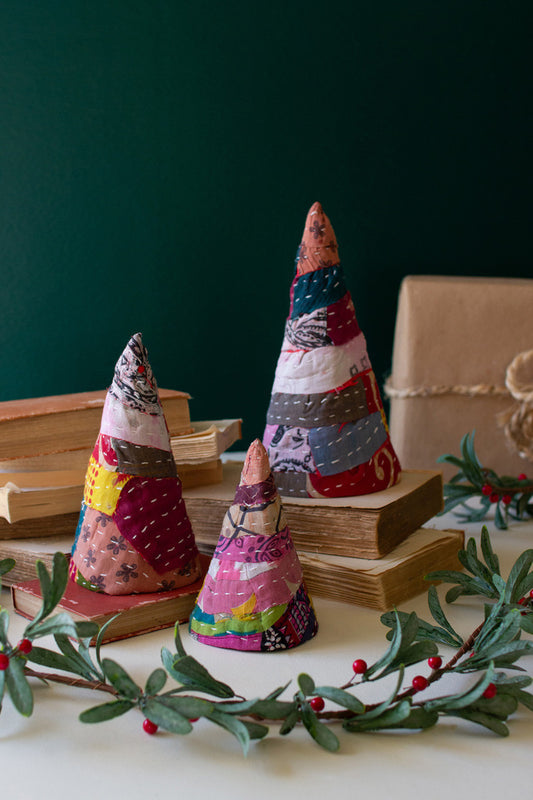 Set Of Three Small Kantha Christmas Topiaries By Kalalou | Christmas Trees | Modishstore