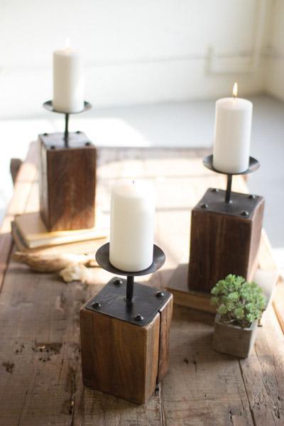 Kalalou Set Of 3 Recycled Wood Candle Holders | Modishstore | Candle Holders