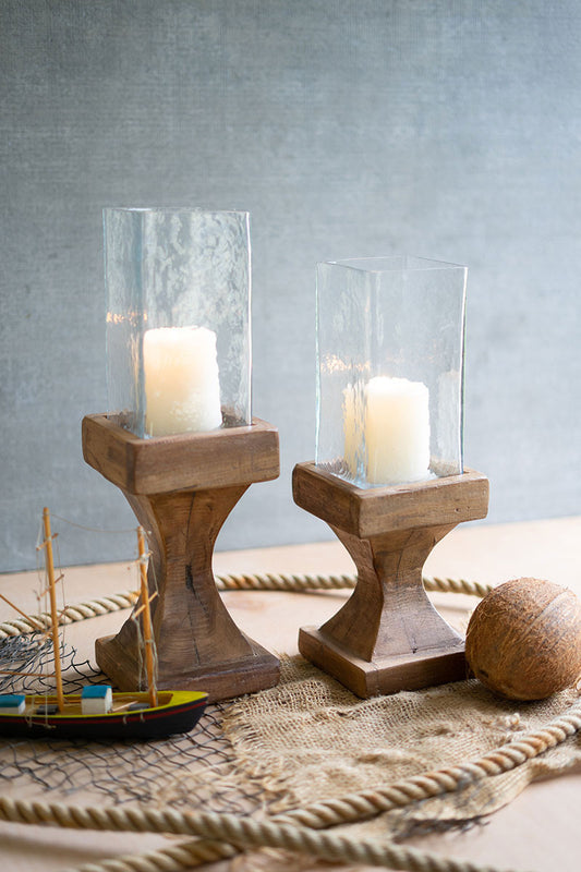 Square hurricanes with recycled wood bases Set Of 2 By Kalalou | Modishstore | Candle Holders