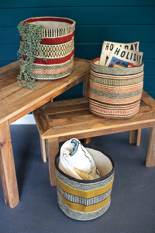 Multi-colored woven jute baskets without handles Set Of 3 By Kalalou | Modishstore | Bins, Baskets & Buckets
