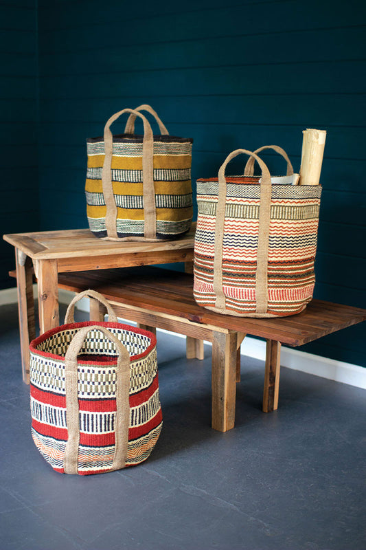 Multi-colored woven jute baskets with handles Set Of 3 By Kalalou | Modishstore | Bins, Baskets & Buckets