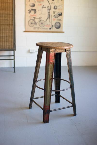 Kalalou Recycled Metal Bar Stool With Wooden Top | Modishstore | Bar Stools