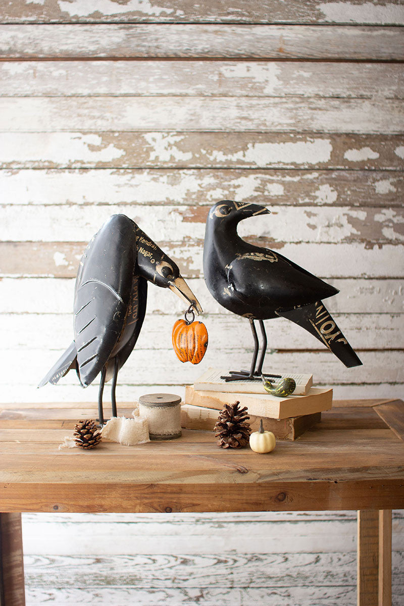 Recycled Iron Crows Holding A Pumpkin S/2 By Kalalou | Modishstore | Holiday