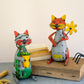 Recycled iron cats with flower and pot Set Of 2 By Kalalou-3