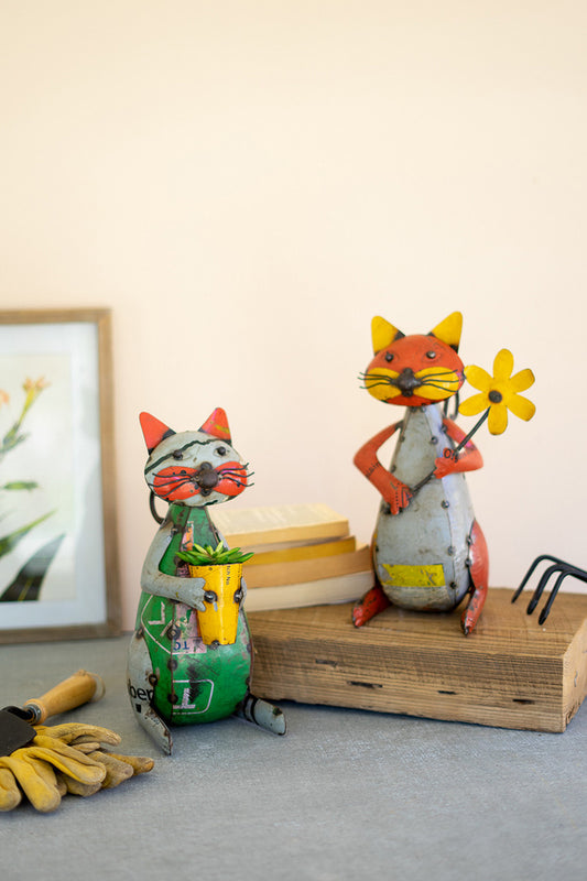 Recycled iron cats with flower and pot Set Of 2 By Kalalou | Modishstore | Home Accents