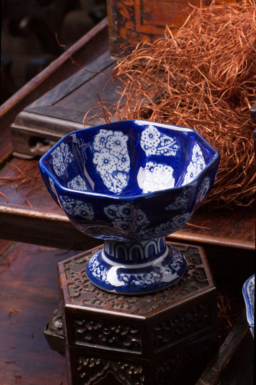 Hexagonal Pedestal Bowl with Flower Bunch Set of 4 by Vagabond Vintage | Modishstore | Decorative Bowls-2