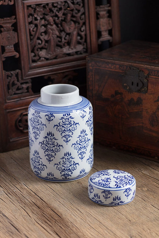 Blue & White Ceramic Tea Canister Set of 2 by Vagabond Vintage | Modishstore | Jars & Canisters