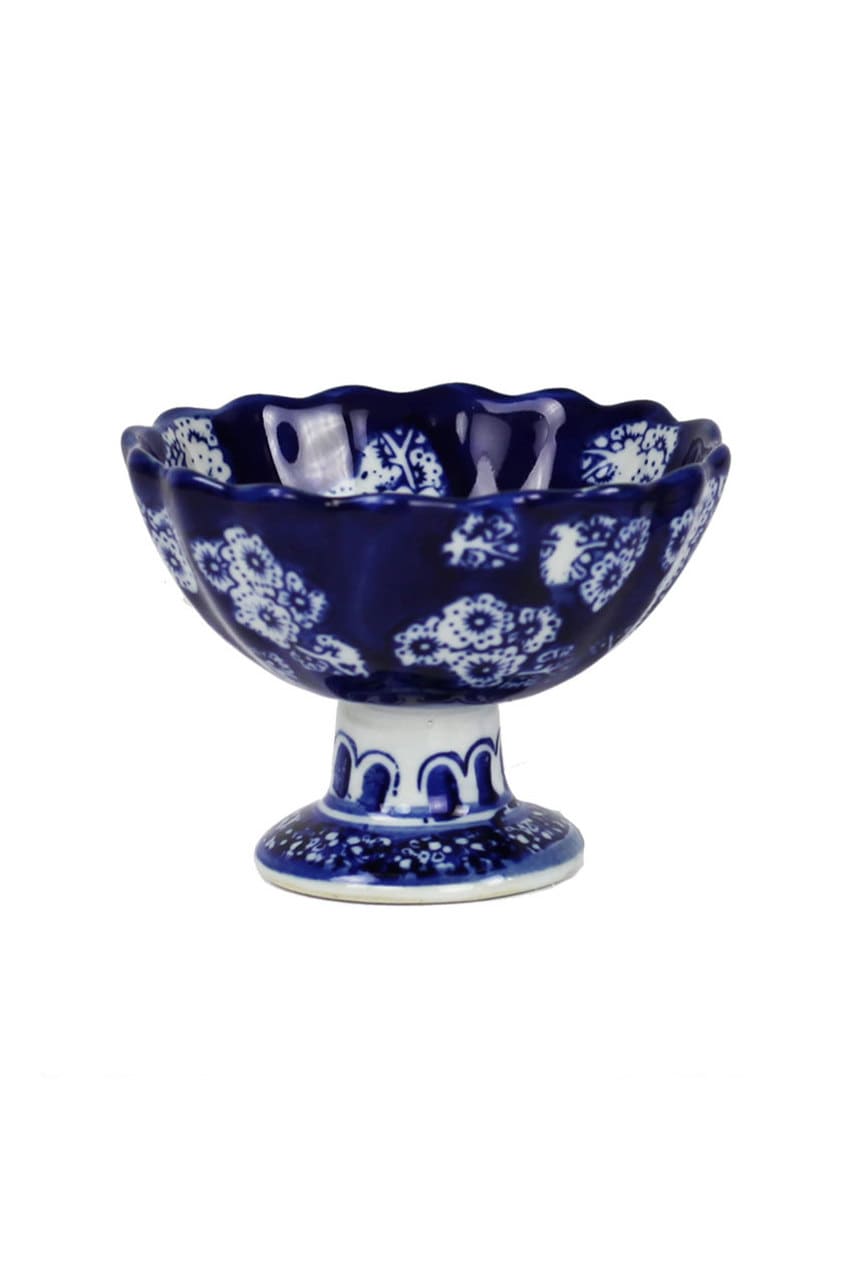 Blue and White Pedestal Bowl Set of 4 by Vagabond Vintage | Modishstore | Decorative Bowls