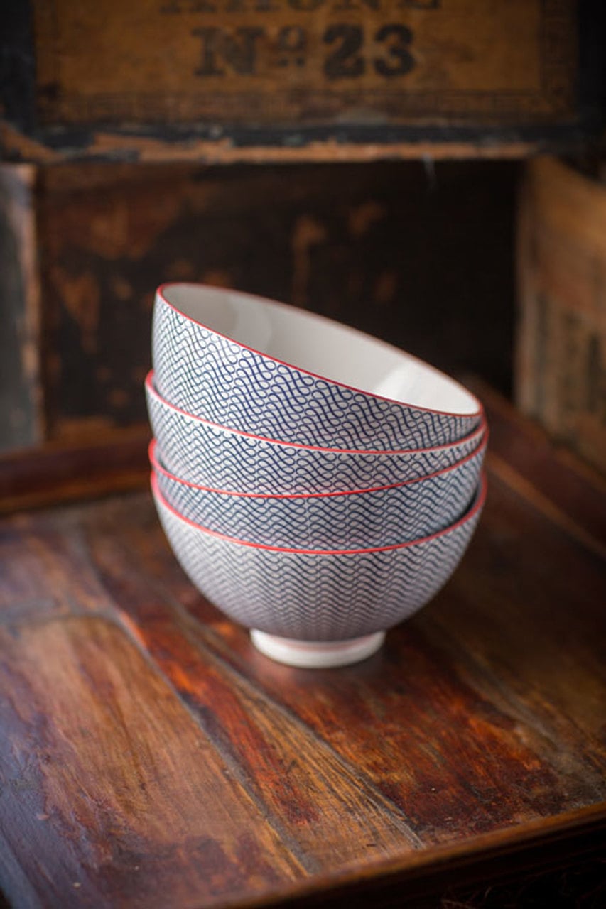 Diamond Pattern Ceramic Bowl Set of 4 by Vagabond Vintage | Modishstore | Decorative Bowls-5