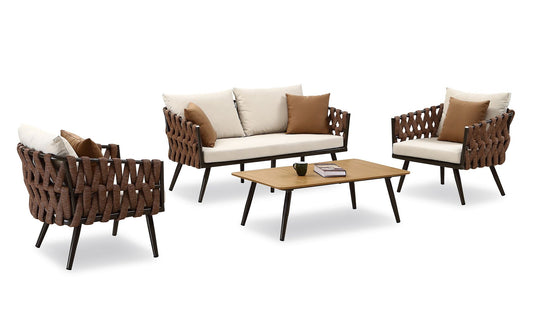 Manhattan Comfort Crown 4-Piece Metal Patio Conversation Set with Brown and White Cushions | Outdoor Sofas, Loveseats & Sectionals | Modishstore