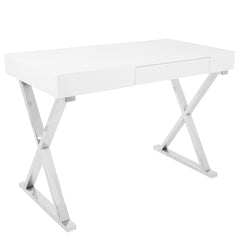 LumiSource Luster Desk Desk - White Contemporary Styling Pullout Drawer For Extra Storage Versatile Design Gloss Finish Top MDF, Metal