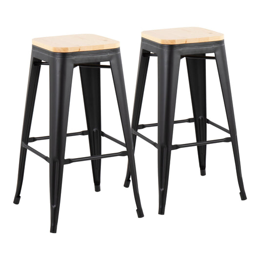 Oregon Contemporary Barstool in Black Steel and Natural Wood By LumiSource - Set of 2 | Bar Stools | Modishstore