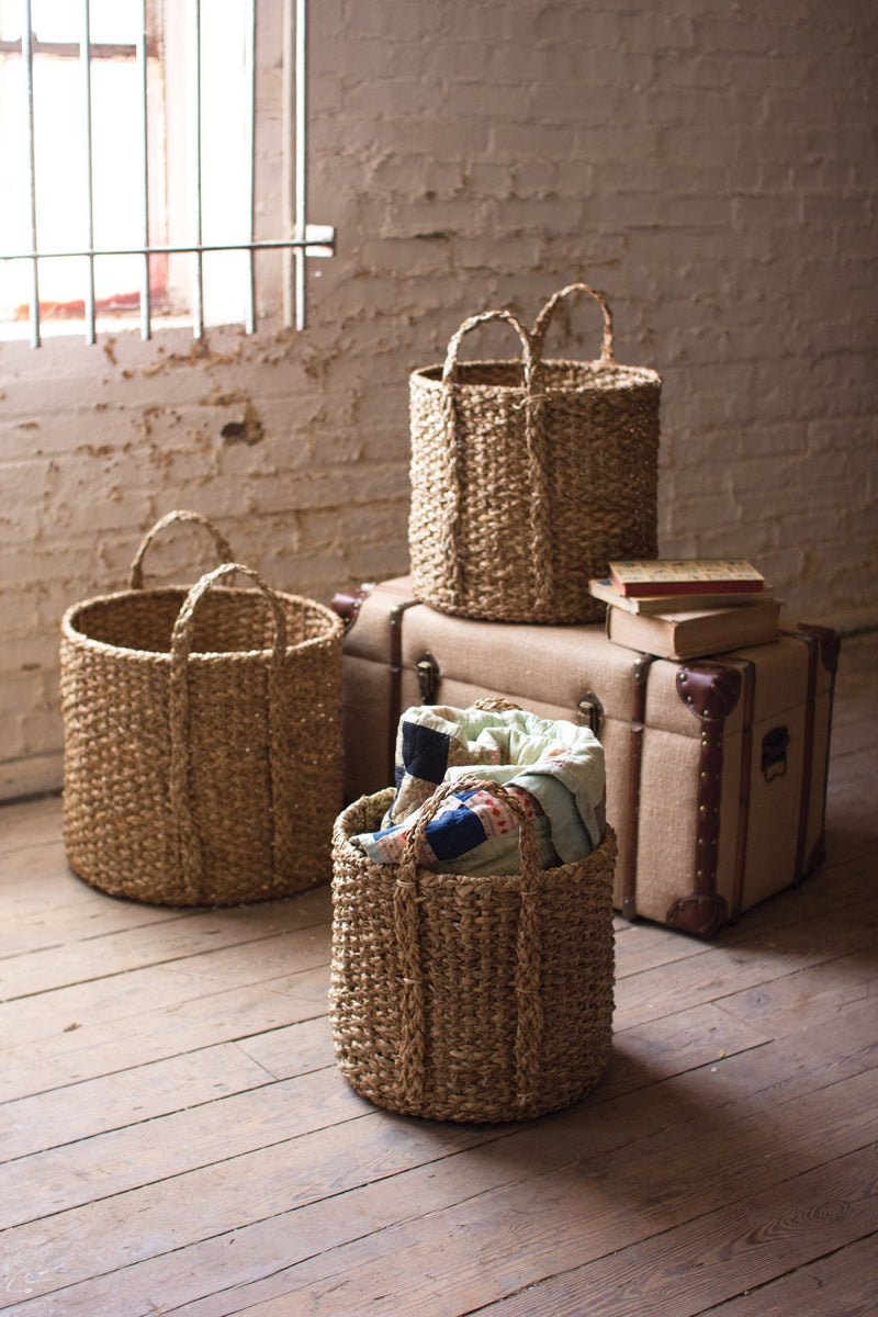 Kalalou Round Braided Seagrass Storage Basket With Handles - Set Of 3 | Modishstore | Bins, Baskets & Buckets