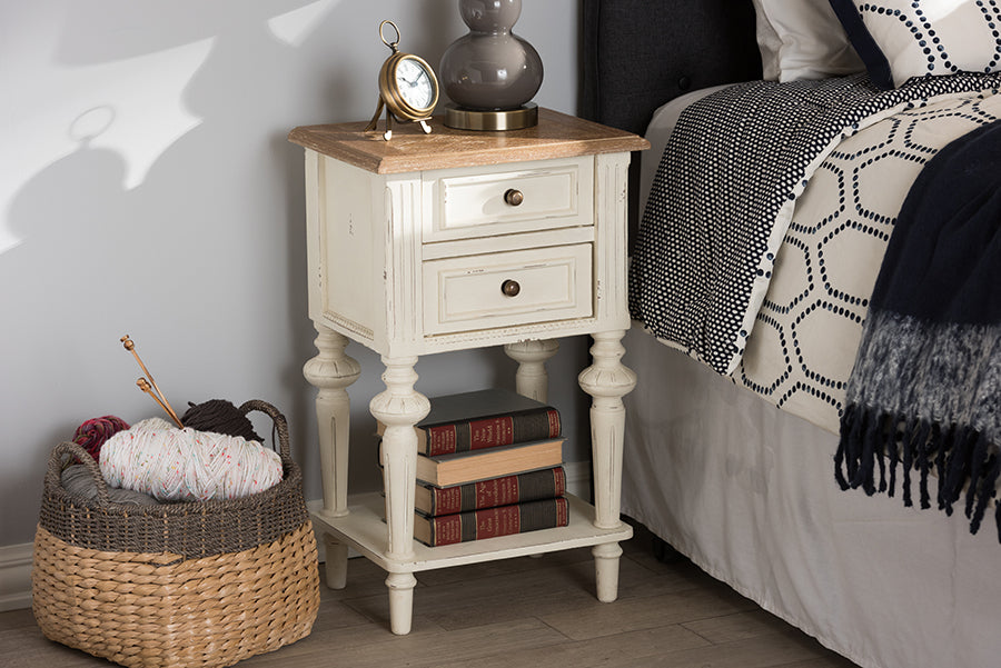 Baxton Studio Marquetterie French Provincial Style Weathered Oak and White Wash Distressed Finish Wood Two-Tone 2-Drawer and 1-Shelf Nightstand | Modishstore | Nightstands