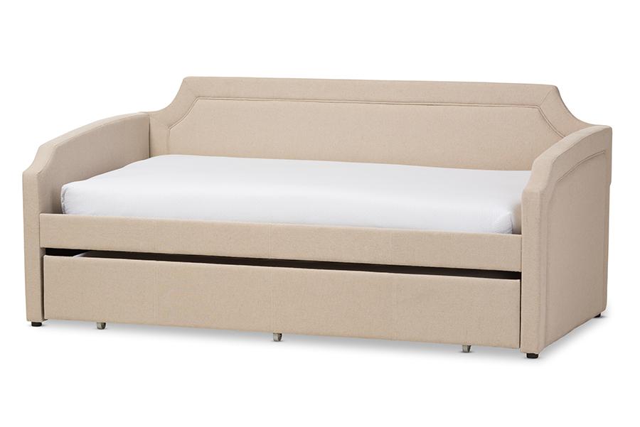 baxton studio parkson modern and contemporary beige linen fabric curved notched corners sofa twin daybed with roll out trundle guest bed | Modish Furniture Store-2