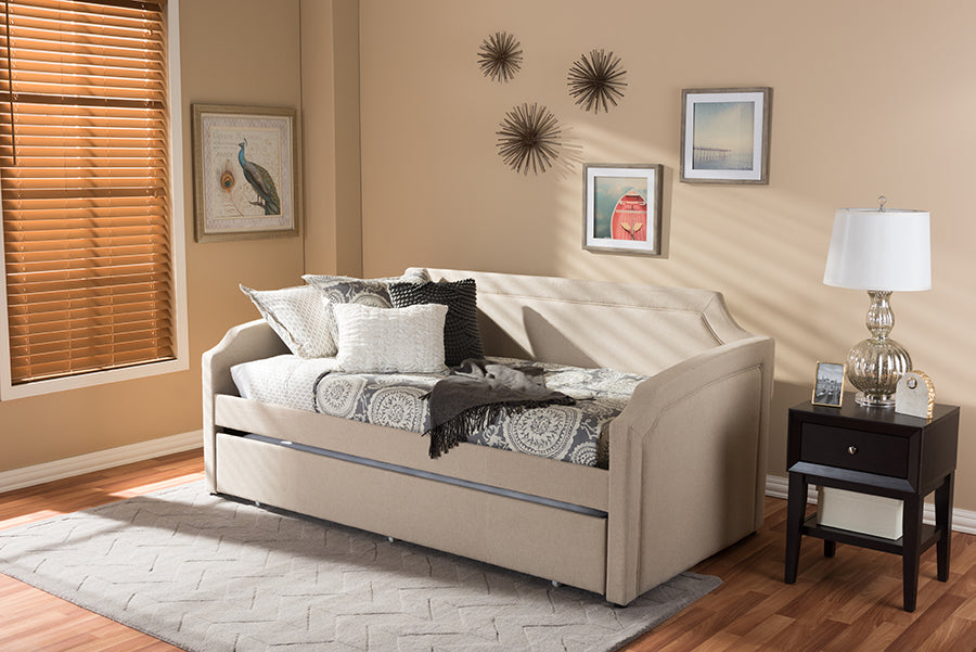 Baxton Studio Parkson Modern and Contemporary Beige Linen Fabric Curved Notched Corners Sofa Twin Daybed with Roll-Out Trundle Guest Bed | Modishstore | Beds