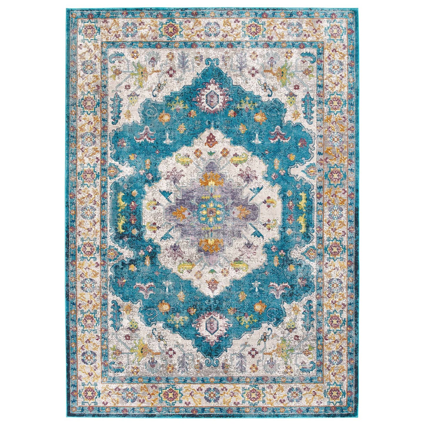 Modway Success Anisah Distressed Vintage Floral Persian Medallion 8x10 Area Rug Blue, Ivory, Yellow, Orange | Rugs | Modishstore-2