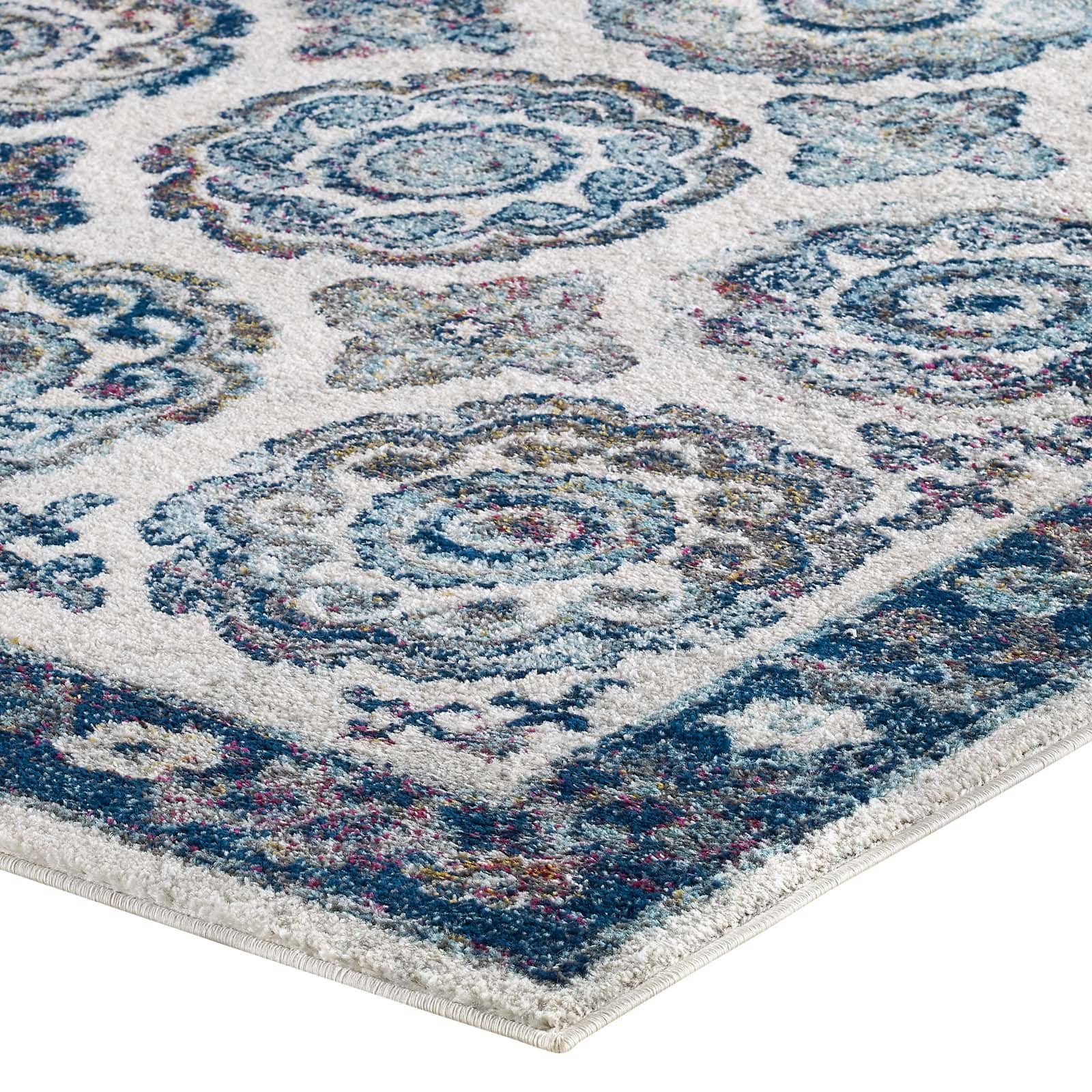 Modway Entourage Odile Transitional Distressed Vintage Floral Moroccan Trellis 8x10 Area Rug Ivory and Blue | Rugs | Modishstore-4