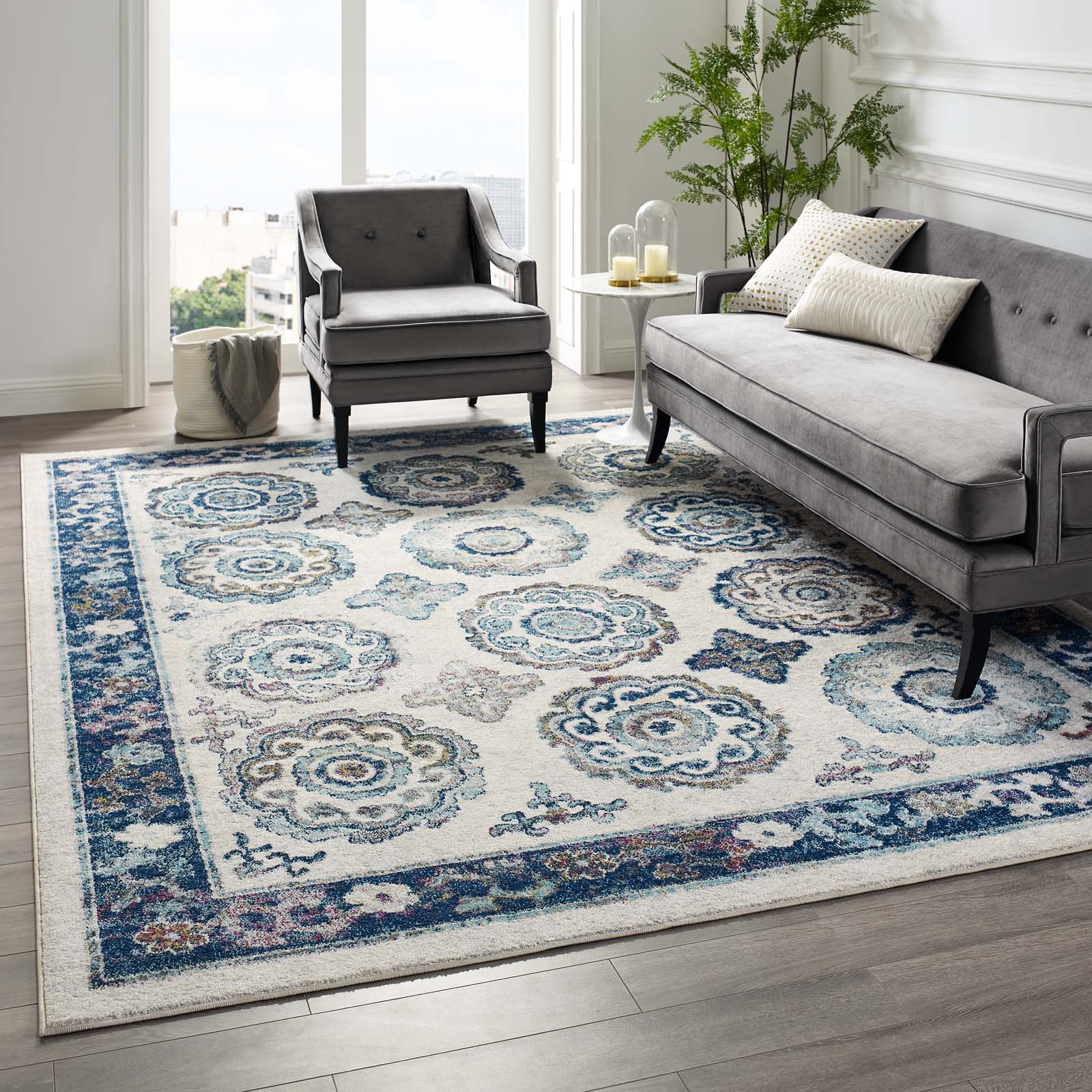 Modway Entourage Odile Transitional Distressed Vintage Floral Moroccan Trellis 8x10 Area Rug Ivory and Blue | Rugs | Modishstore