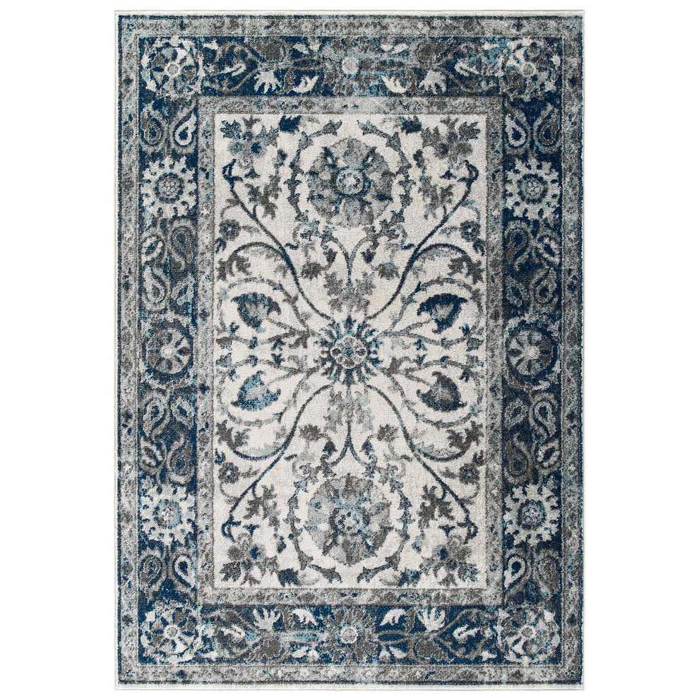 Modway Entourage Samira Distressed Vintage Floral Persian Medallion 8x10 Area Rug Ivory and Blue - R-1174-810 | Rugs | Modishstore - 2
