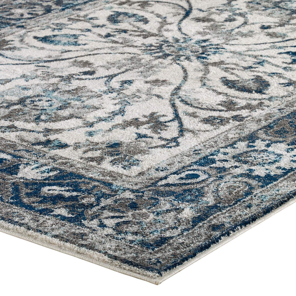 Modway Entourage Samira Distressed Vintage Floral Persian Medallion 8x10 Area Rug Ivory and Blue - R-1174-810 | Rugs | Modishstore - 3