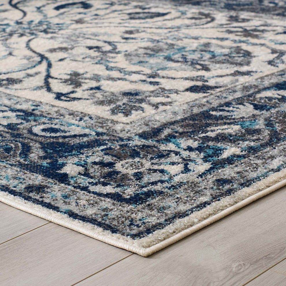 Modway Entourage Samira Distressed Vintage Floral Persian Medallion 8x10 Area Rug Ivory and Blue - R-1174-810 | Rugs | Modishstore - 5