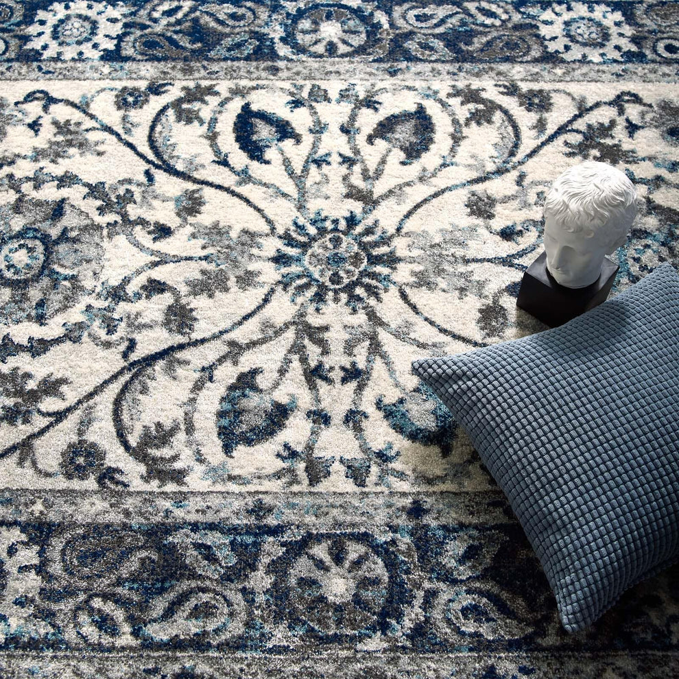 Modway Entourage Samira Distressed Vintage Floral Persian Medallion 8x10 Area Rug Ivory and Blue - R-1174-810 | Rugs | Modishstore - 7