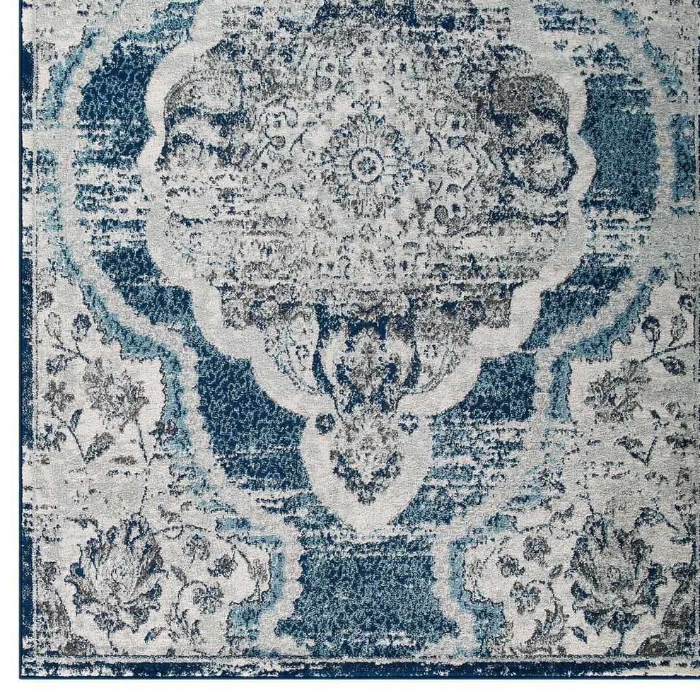 Modway Entourage Malia Distressed Vintage Floral Persian Medallion 8x10 Area Rug Ivory and Blue - R-1175-810 | Rugs | Modishstore - 3