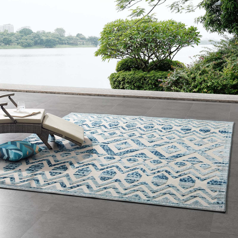 Modway Reflect Tamako Distressed Vintage Diamond and Chevron Moroccan Trellis 8x10 Indoor and Outdoor Area Rug Ivory and Blue | Rugs | Modishstore